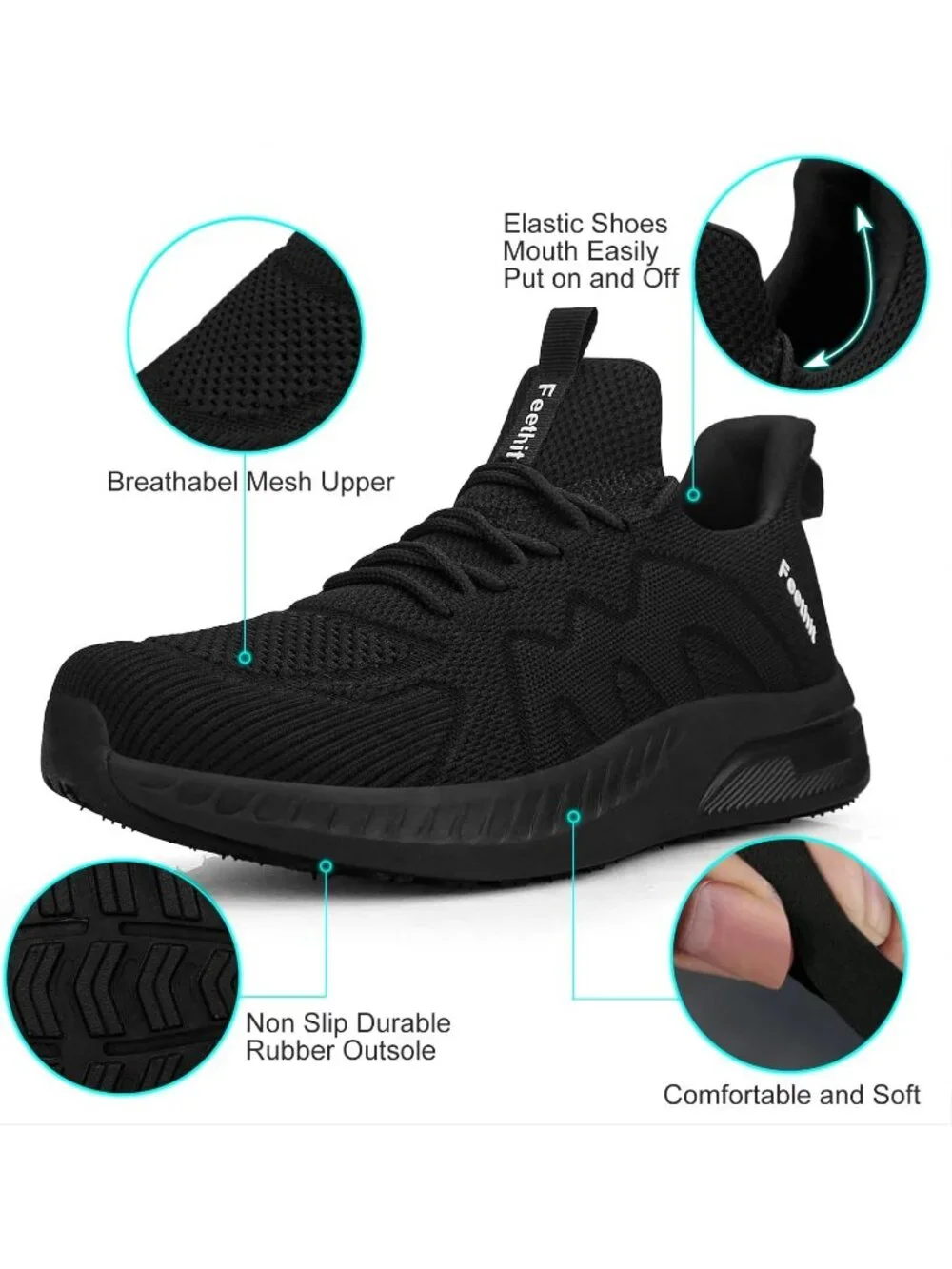 Men's All Black Non Slip Athletic Sneakers Slip On Walking Casual Running Shoes